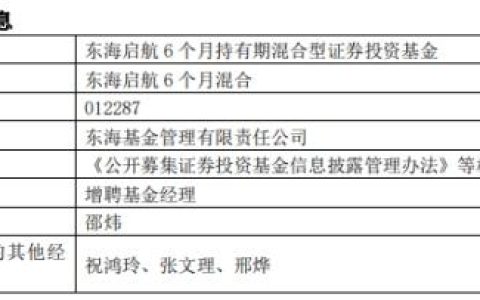 東海啟航6個(gè)月混合增聘基金經(jīng)理邵煒